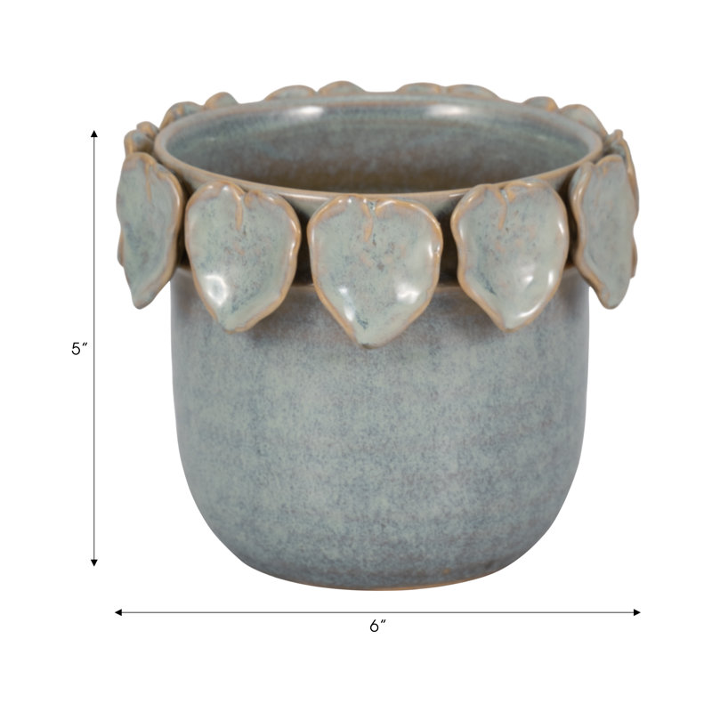Stoneware Ceramic Planter with Sculpted Leaf Embellishments, Handcrafted Decorative Accent for Contemporary and Rustic Displays, Durable Artisan Pottery Design for Stylish Botanical Presentation