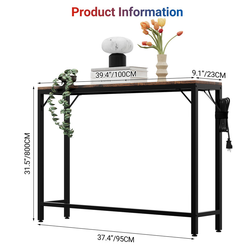 Narrow Console Table with Charging Station – Slim Sofa Table with Power Outlets & USB Ports – Entryway Accent Table with Storage Shelf for Living Room, Hallway, Bedroom – Vintage 