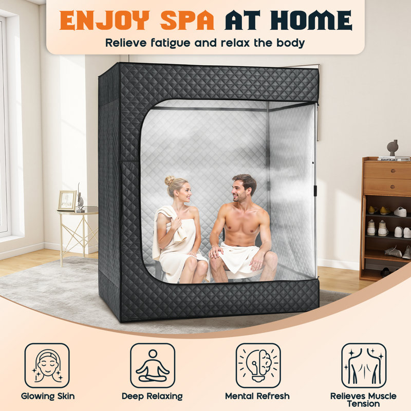 2-Person Steam Sauna Tent for Home – Extra Large 4.9′ × 3.3′ × 5.9′ Full-Body Spa with 3 L 1500 W Steamer, Remote Control & Folding Chair – Grey