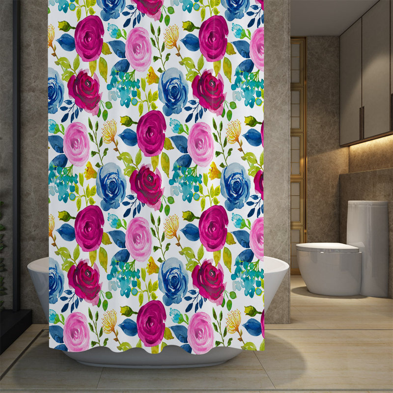 Rideau de douche simple à motif floral Groves, H 93 po x l 70 po, Rose / bleu