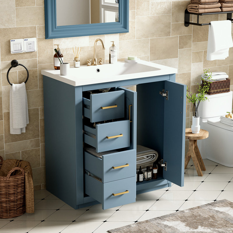 Bathroom Vanity with Ceramic Sink, 3 Drawers and Soft Closing Doors, Indigo