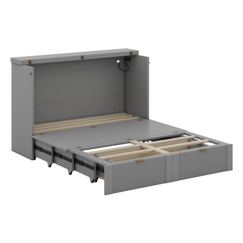 Lit escamotable avec tiroir et un ensemble de prises et ports USB, structure de poulie, gris, Double