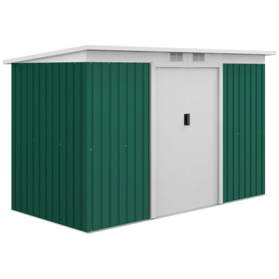 Outsunny 9' x 4' Outdoor Storage Shed, Metal Garden Tool House with Sloping Roof and Lockable Door for Backyard, Bike, Patio, Garage, Lawn, Green
