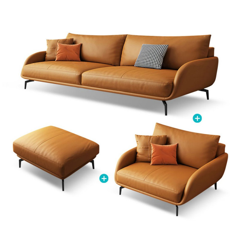 Ensemble de salon en cuir véritable orange 3 pièces