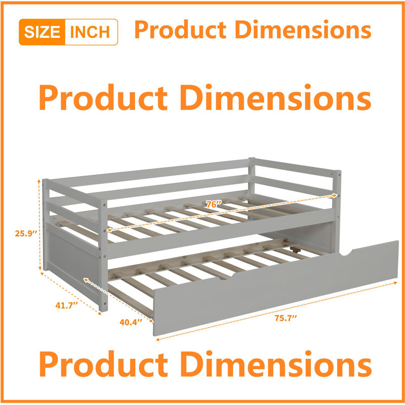 Space-Saving Twin Daybed with Trundle - Solid Pine Wood Frame, Modern Gray Finish, Gray