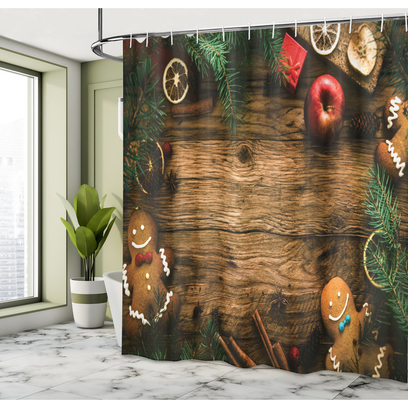 Rideau de douche et crochets de douche en bois rustique de noël, H 84 po x l 69 po
