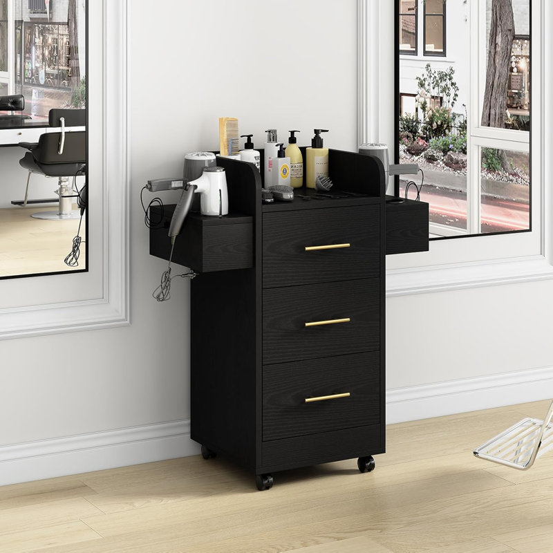 Thame Beauty Salon Station with 3 Drawers, Rolling Station for Hair Stylist, Hair Salon Station Storage Cabinet on Wheels, Wood Stylist Storage Cabinet with 6 Hair Dryer Holders (White and Gold)