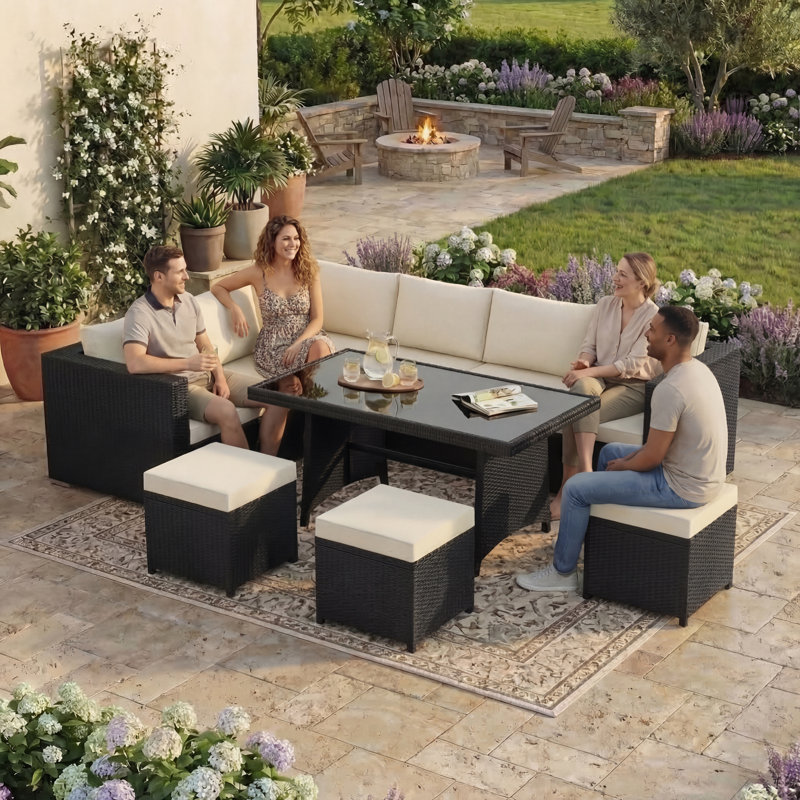 Prweitt Rattan 9 - Person Seating Group with Cushions, UKFR Certified, Black