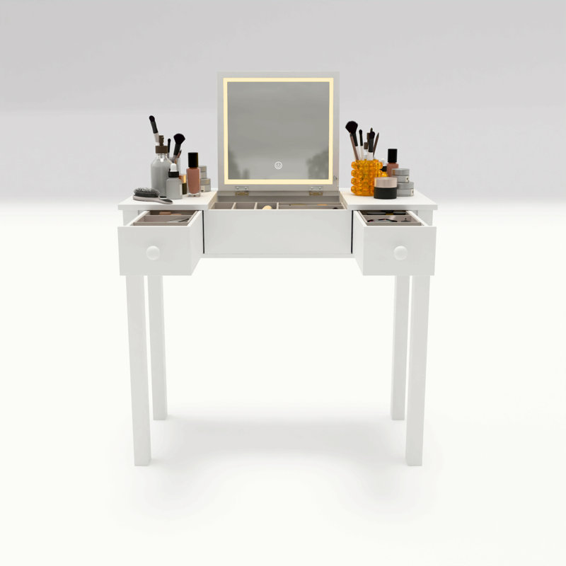 Bureau de coiffeuse multifonctionnel avec éclairage réglable à 3 niveaux avec miroir rabattable et rangement Table de maquillage profonde 15,75 po 2 tiroirs et 3 boîtes de rangement amovibles Bureau de bureau compact blanc