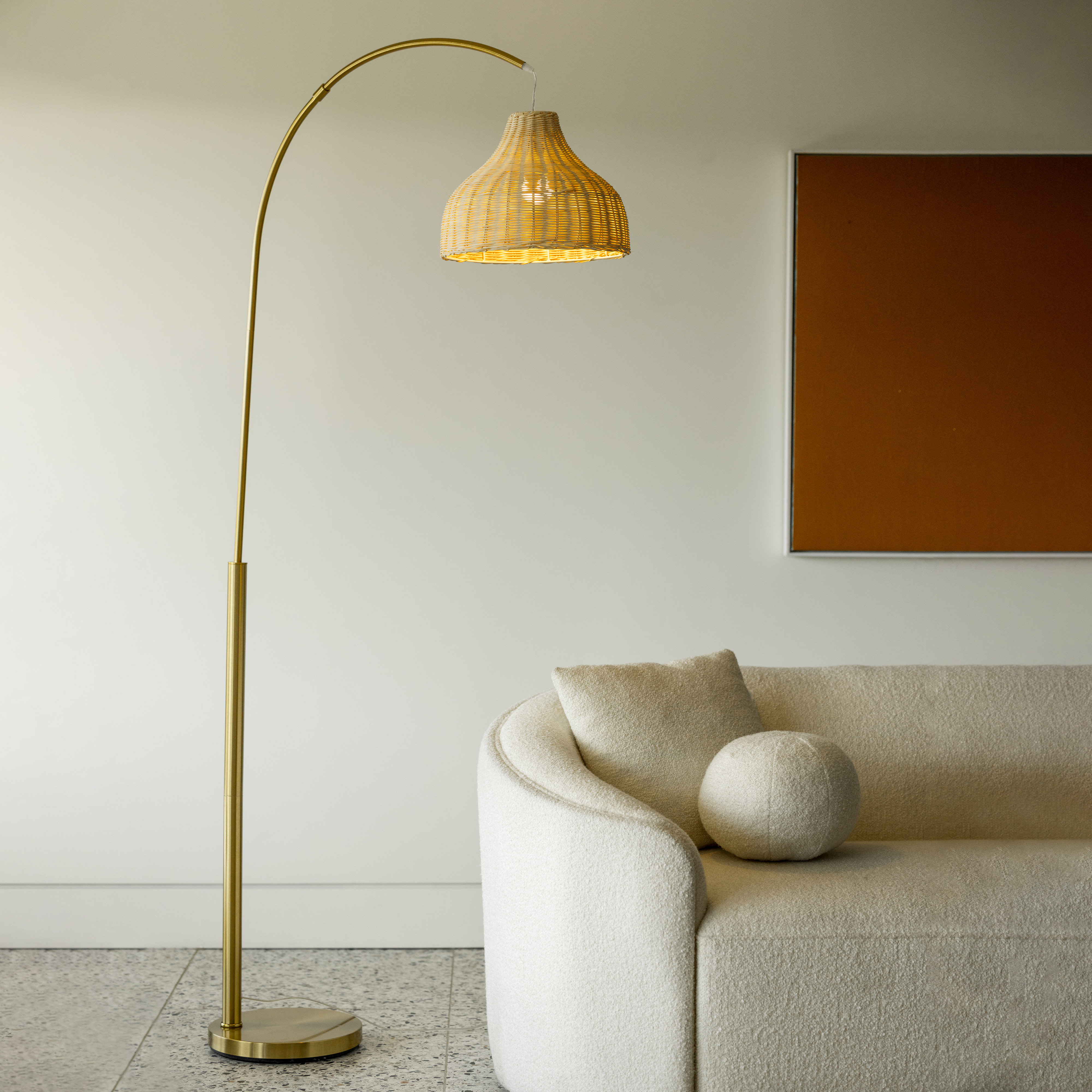 Brightech Lark 75 in. LED Arc Boho Floor Lamp with Rattan Shade and Brass Finish & Reviews | Wayfair