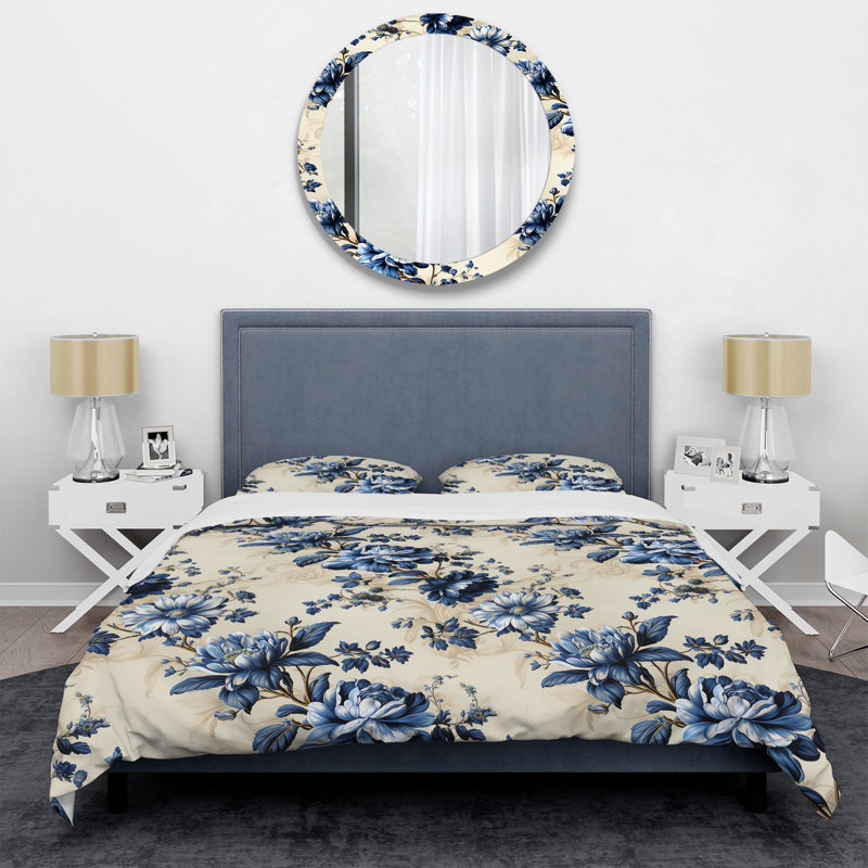 Blue Ornamental Frames Victorian Pattern V Duvet Cover, Queen Duvet Cover + 2 Standard Shams