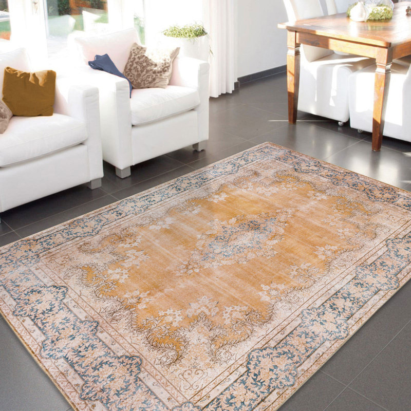 Vintage Distressed Blue and Orange 4' x 6' Machine Washable Rug
