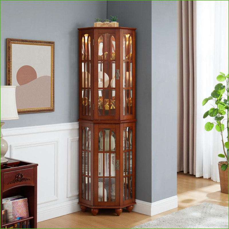 Cabinets Corner Curio with Adjustable Glass Shelves, Lighting, Solid Wood Legs | 70"H x 22"W x 16.95"D | Traditional | Solid Wood+MDF