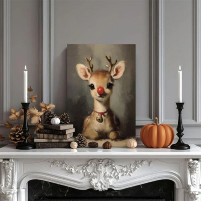 1 Piece Framed Wall Art Canvas Painting of Rudolph the Reindeer, with Red Nose and Bell Collar, in Realistic Oil Painting Style Decorative Vintage Wall Poster for Home Decoration Modern Artwork Perfect Gift for Bedroom Living Room