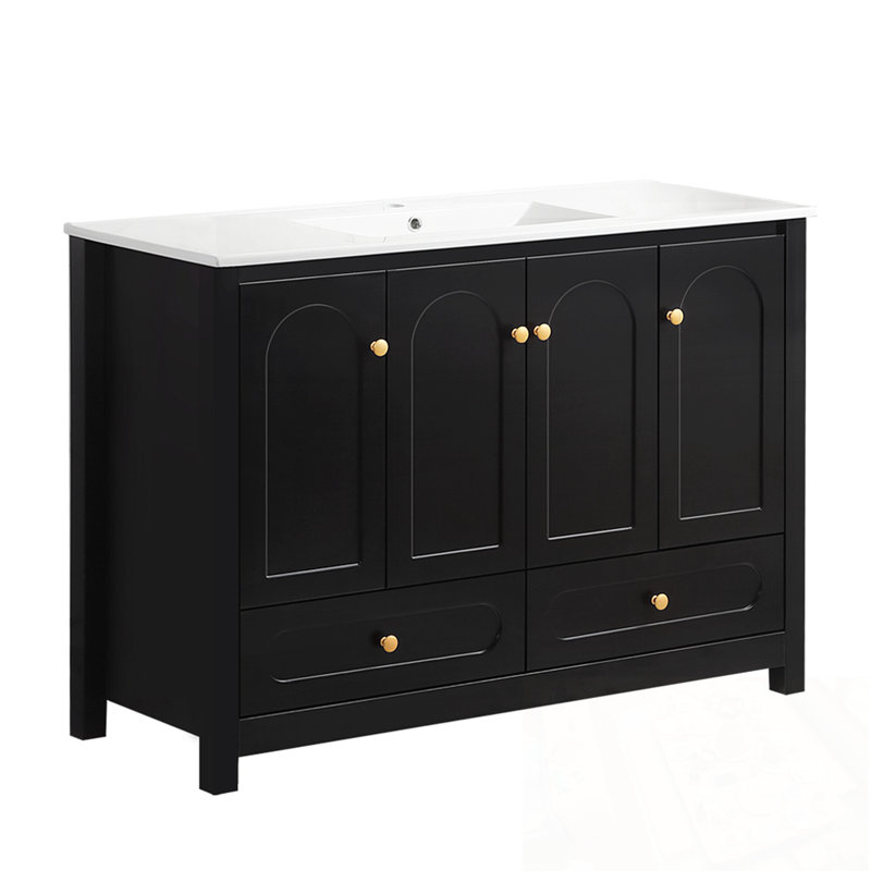 Ensemble de meuble-lavabo avec lavabo en résine, 4 portes à fermeture douce et 2 tiroirs, Noir