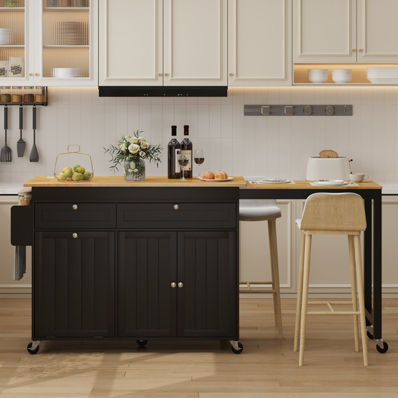 81.6" Kitchen Island With Storage, Kitchen Cabinet with Seating Area and Prower Outlet For Kitchen, Black