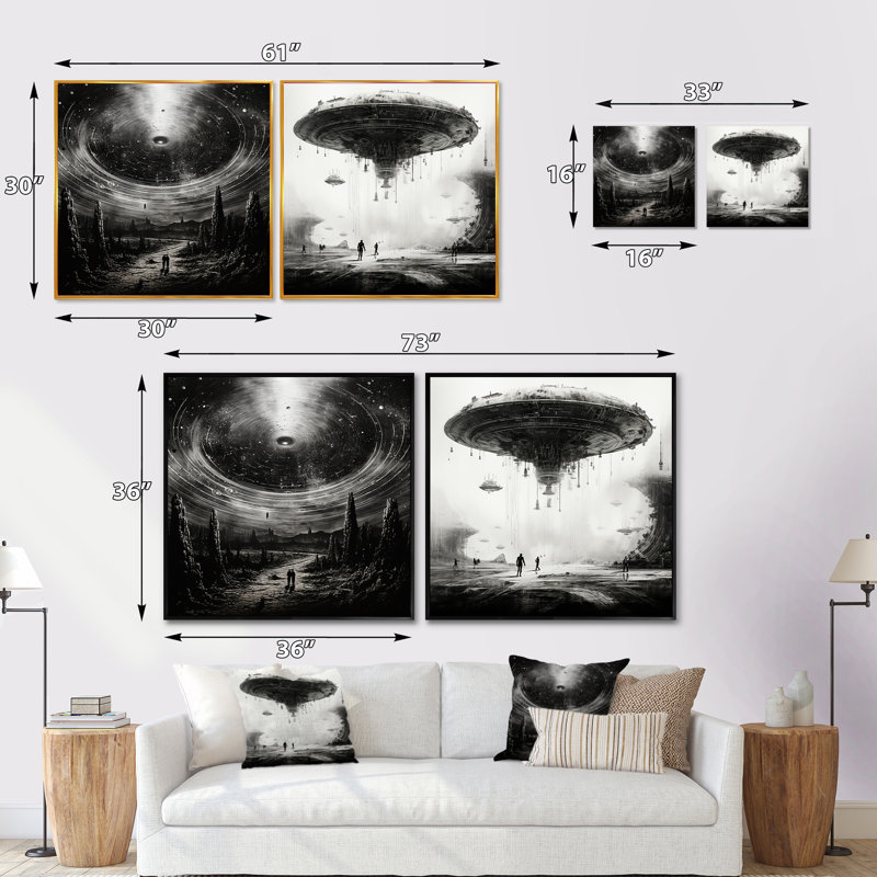 "Minimalisme Sci Fi Ufo" 2 pièces, Cadre noir, H 16 po x l 33 po