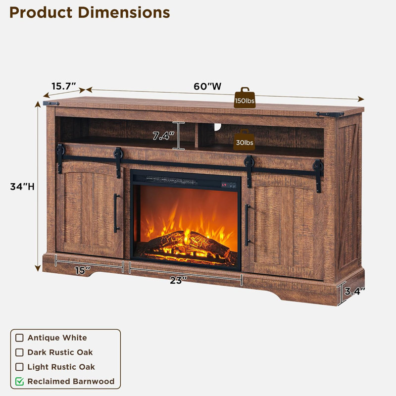 Hirschman 60"W Farmhouse Fireplace TV Stand With Timer, Wood Media Console With Sliding Barn Door, Adjustable Shelf