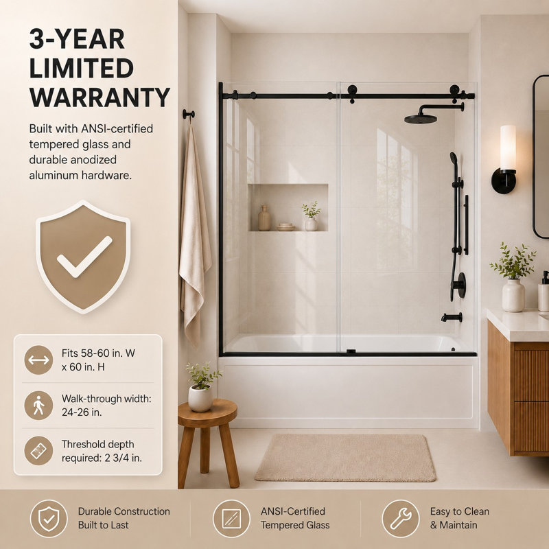 60'' - W x 60'' H Sliding Frameless Tub Door with Clear Glass, Matte Black