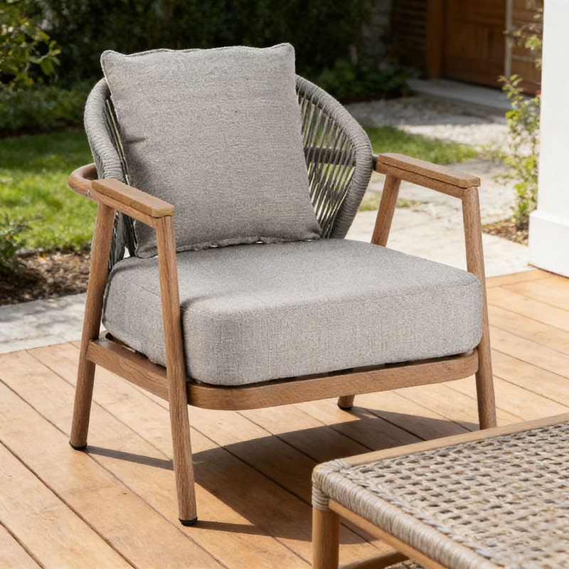 Fauteuil club d'extérieur en corde, Teck-QT1