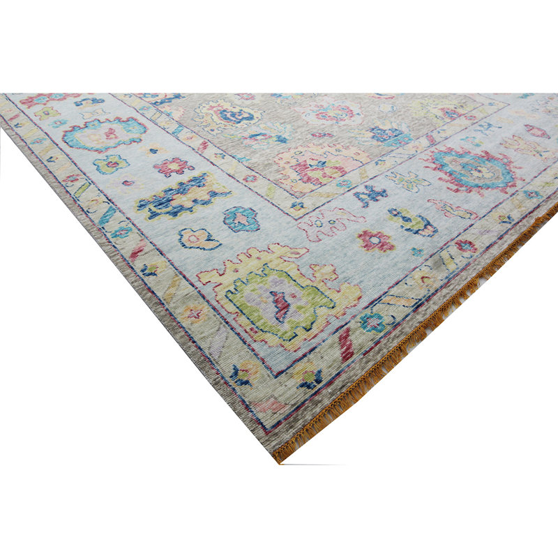 Tapis gris / bleu noué à la main de haute qualité, Rectangle 10 pi x 14 pi