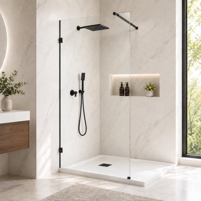Cascada 32" W x 76" H Frameless Single Fixed Glass Panel,3/8" (10 mm) Tempered Glass with Safety Film, Easy-Clean Coating & Adjustable Support Bar, Matte Black