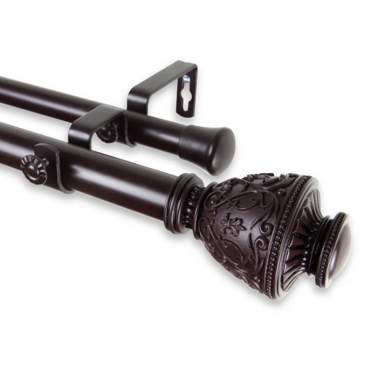 DeWitt Steel Rod/Resin Finials Adjustable Double Curtain Rod, Mahogany, 120" - 170" W
