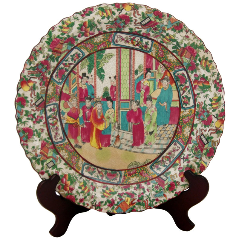 Assiette décorative ronde d'inspiration asiatique rose / vert / beige
