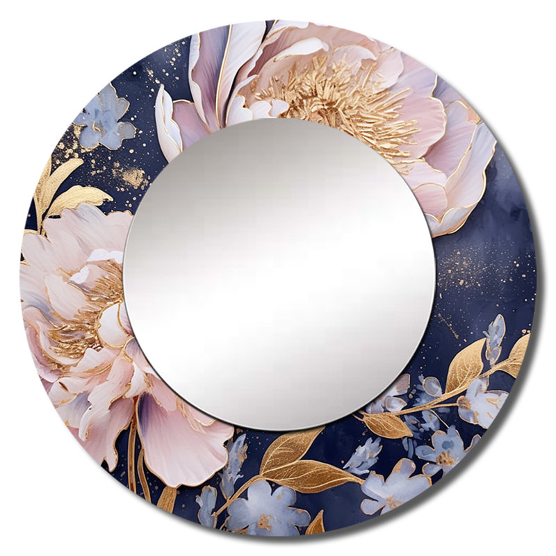 Rose rétro pivoines sur bleu - miroir décoratif coquelicots, miroir mural rond traditionnel, impression d'art en métal
