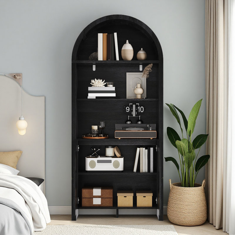 Bibliothèque 71 po de hauteur avec dessus arqué et armoire de rangement, Noir