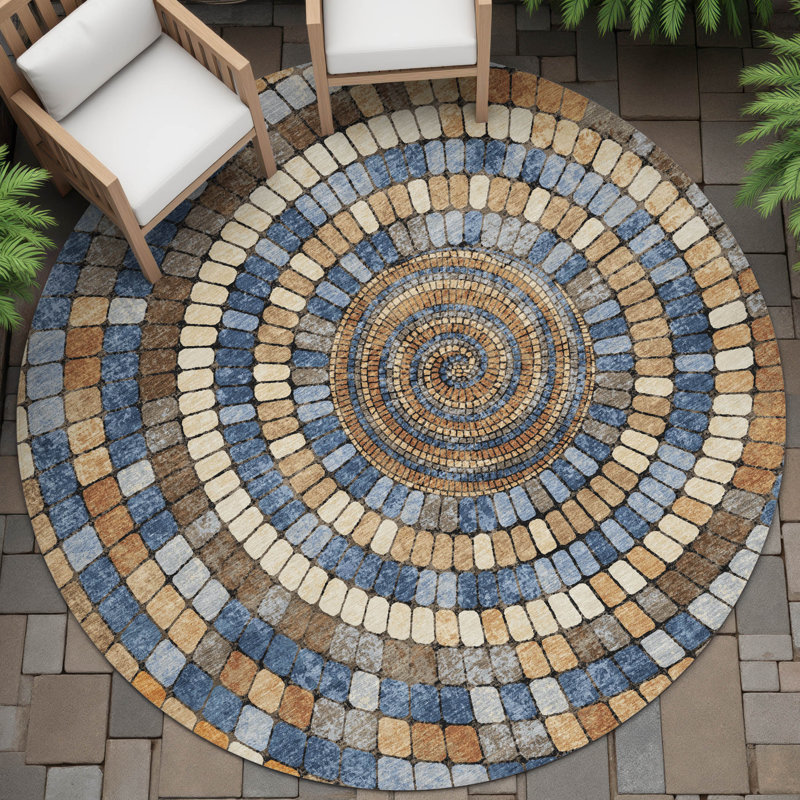 Machine Washable Indoor/Outdoor Husby ACN2216 Geometric Rug, Round 8'