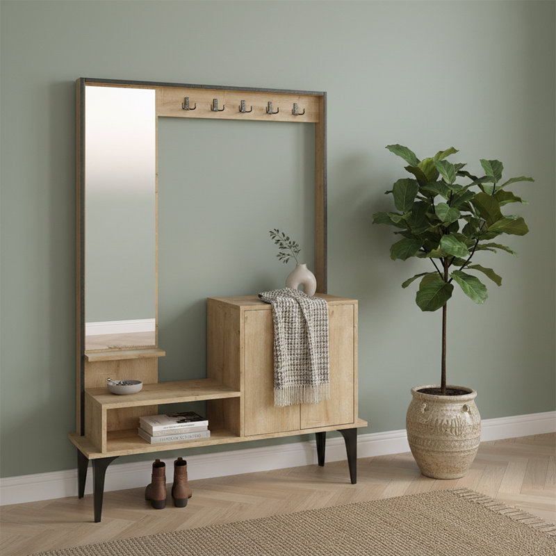 Hall Tree With Mirror, Cabinet And 10 Hooks