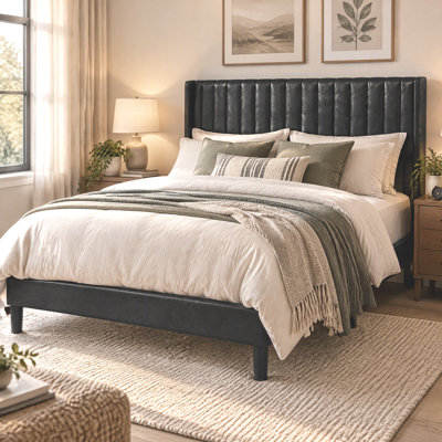 Queen Size Solid Bed Frame with Upholstered Headboard, Black