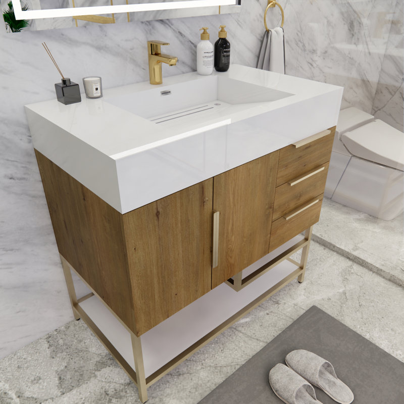 Ensemble de meuble-lavabo simple 36 po Glasgow, Blanc brillant, Chêne