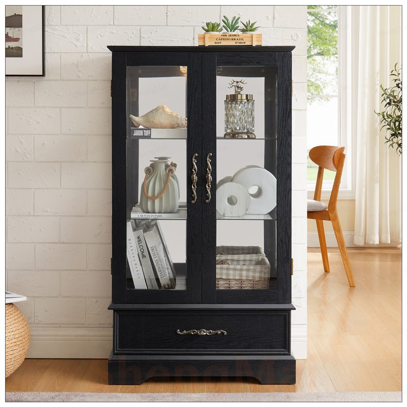 Élégante vitrine en verre avec tablettes réglables et tiroir intégré, comprenant un éclairage DEL pour la présentation