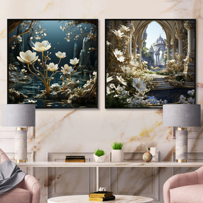 Gilded Snowdrops River - ensemble de 2 collages floraux carrés