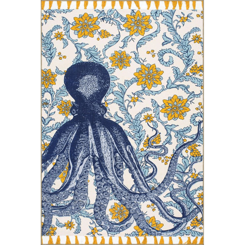 Tapis bleu lavable à motifs tissés, Sous-tapis carré 3 pi 3 po inclus