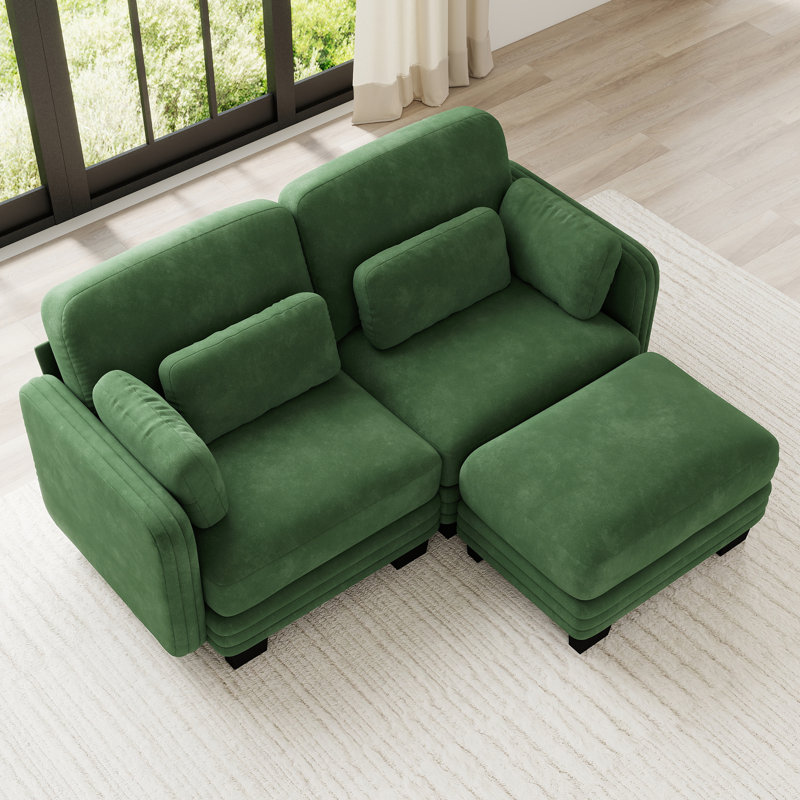 Causeuse en chenille, capitonnée, modulaire, 2 pièces, causeuse avec repose-pieds mobile, vert, coussins en mousse à haute résilience