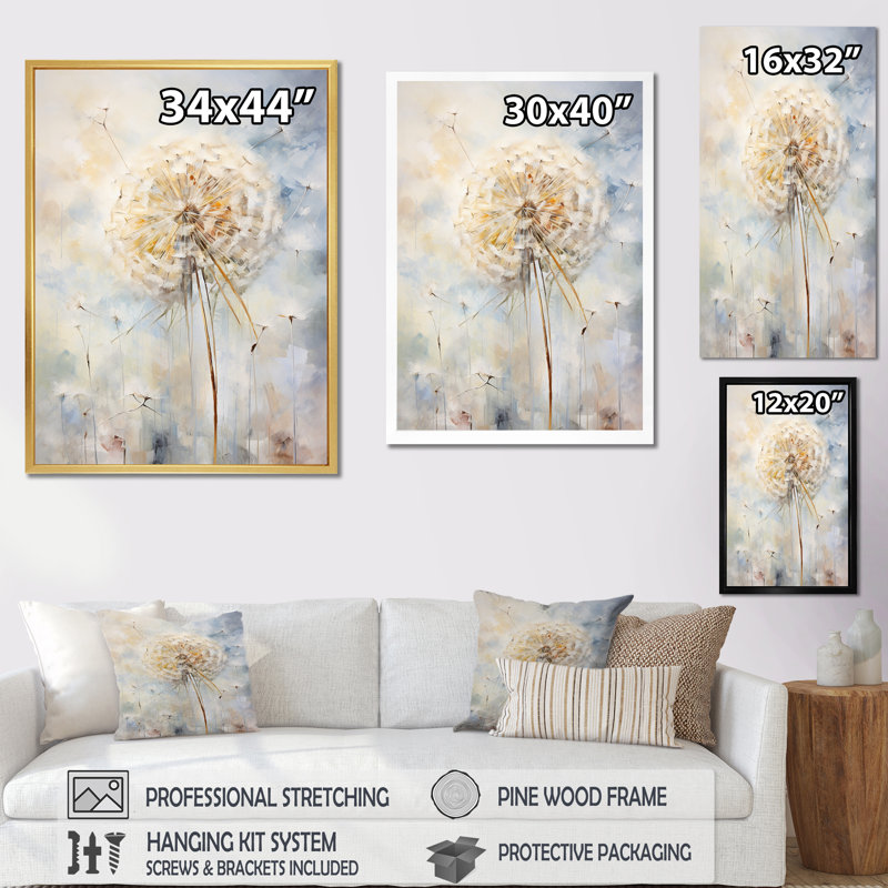 Dandelion Charm in Winter I - Pissenlit, art mural, 20" H x 12" W, Cadre flottant brun
