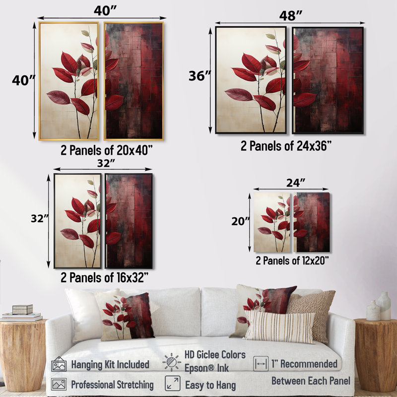 Bordeaux Bold Leaf II - Red Wall Decor, Floater Framed Print, Silver, 36" H x 48" W