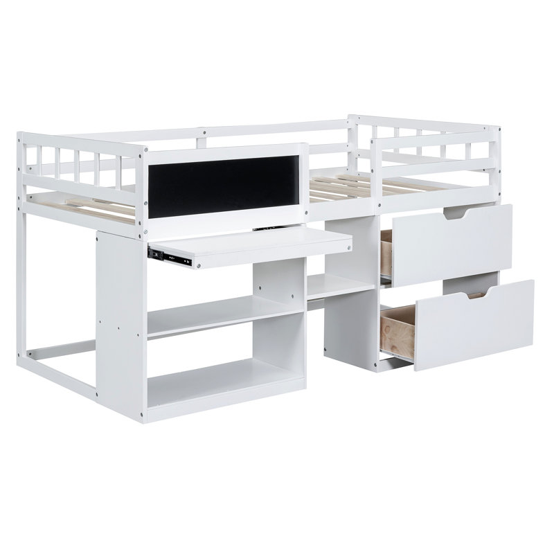 Lit mezzanine bas avec bureau roulant, tablette et tiroirs
