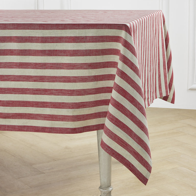 100% Pure Linen Tablecloth -Sorrento Stripe, 90" L x 60" W, Red/Natural