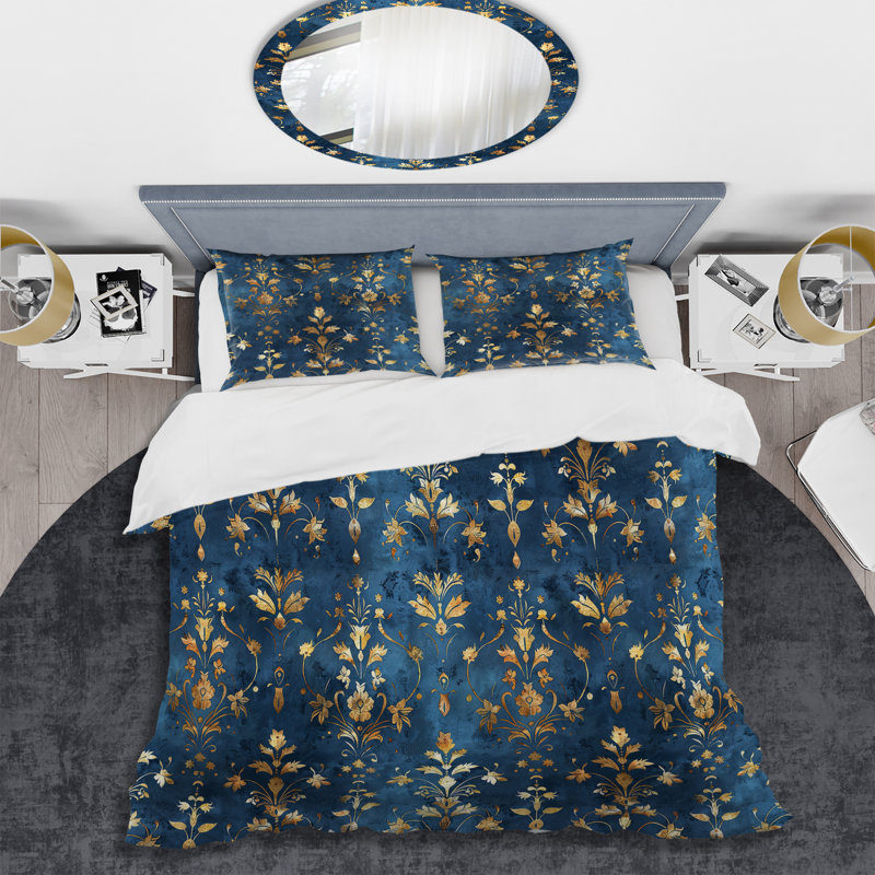 Blue Gold Glam Damask - Ensemble de housse de couette Glam, Housse de couette très grand + 2 taies décorativ