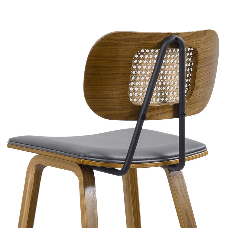 26" Modern Upholstered Low Back Rattan Wood Counter Height Stool, Gray, Brown