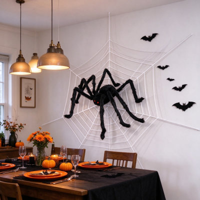 Ensemble de décoration d'Halloween poilue en peluche, araignée géante de 49 po avec toile d'araignée extensible de 126 po pour cour, porche, fête intérieure couverte