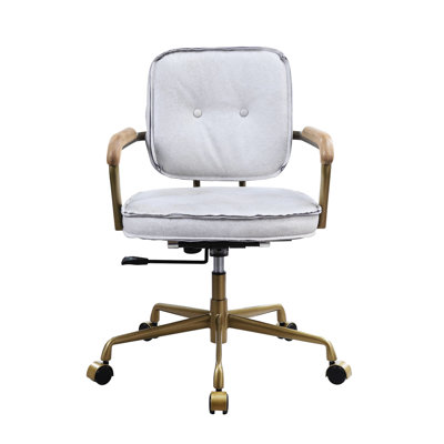 Chaise de bureau rétro en cuir fleur blanc rétro - Design élégant, pivotant à 360 °, coussin de 3 po, mousse D6,5, hauteur réglable, base 5, mousse lisse avec rotation à 360 degrés, siège antique + gris, bureau moderne