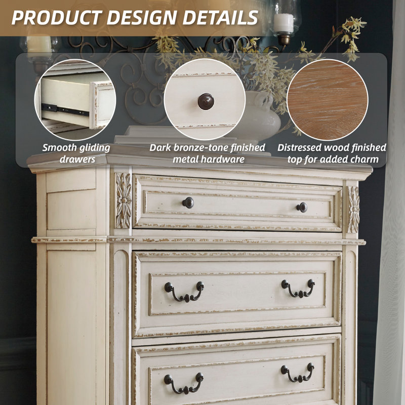 Charming Cottage White 5-Drawer Chest with Distressed Wood Top