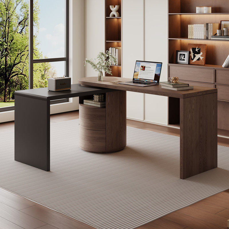 Dual Surface Rotating Storage Desk 360 Degree Swivel Home Office Workstation, Walnut
