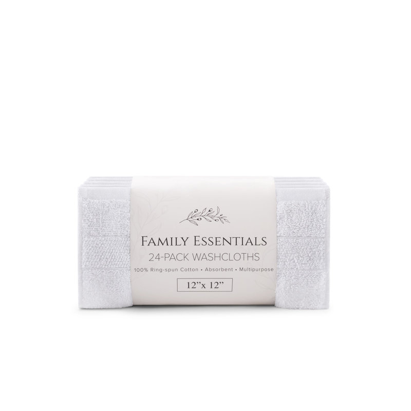 Family Essentials Washcloths (Pack of 24), 12x12, Cotton, White