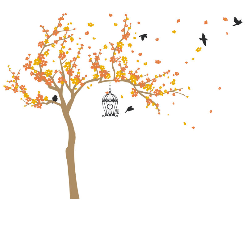Décalcomanie murale Arbre en fleurs et oiseaux, H 72 po x l 92 po x p 0,01 po, Orange / Jaune